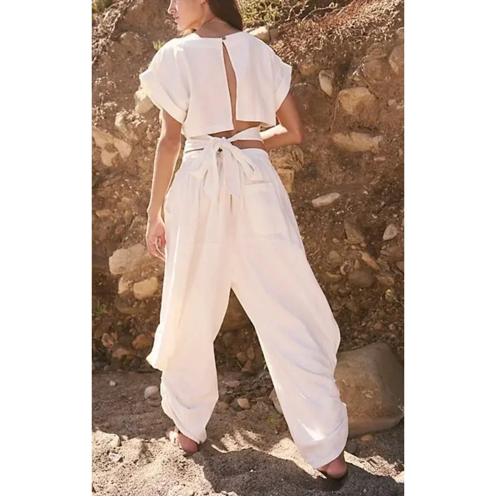 NEW FREE PEOPLE FREE-EST WHITE FEELIN' FREE CROPPED TOP HAREM PANTS SET SZ L